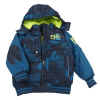 Petrolejovo-černý vzorovaný prošívaný šusťákový přechodový bomber s nápisy a dinosaurem a odepínací kapucí Kiki&Koko