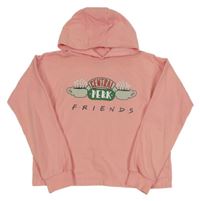 Broskvová crop mikina s hrníčky a nápisem - F.R.I.E.N.D.S a kapucí 