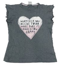 Tmavošedé melírované tričko se srdíčkem s nápisy a volánky YIGGA