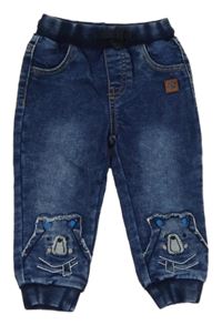 Tmavomodré cuff teplákové rifle s medvídky a úpletovým pasem so cute