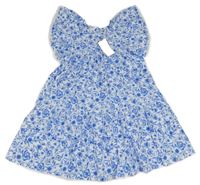 Nové - bílé šaty s modrými kytičkami a volánky a krajkou Next