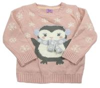 Růžový třpytivý svetr s vločkami a tučňákem F&F