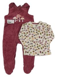 2set - Vínové žebrované sametové dupačky s houbami + světlešedé melírované triko s lsity a žaludy Manguun