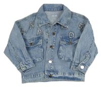 Modrá riflová bunda s písmeny s kamínky