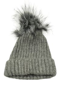 Šedá melírovaná žebrovaná pletená čepice s bambulí
