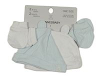 Nové - 4set - Světlemodrá žebrovaná bavlněná čepice s oušky + bílá puntíkatá + 2x rukavičky Dunnes