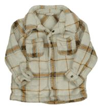 Světlešedo-šedo-hnědá kostkovaná chlupatá košilová bunda F&F