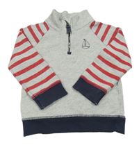 Šedo-červená mikina s výšivkou a pruhy na rukávech The Little White Company