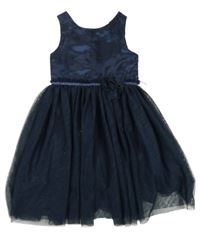 Tmavomodré šusťákovo/tylové šaty s 3D květinou H&M