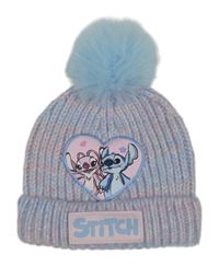 Světlemodro-růžová vlněná čepice se Stitchem s Angel a bambulí Primark