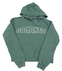 Tmavozelená crop mikina s nápisem a kapucí 