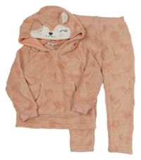 2 set - světlerůžová chlupatá mikina s kapucí s liškou + tepláky 
