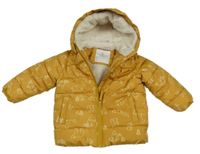 Okrová šusťáková zateplená bunda s obrázky a kapucí 