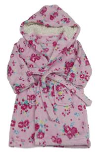 Růžový květovaný chlupatý župan s kapucí Miniclub