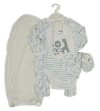 Nové - 5 set - bílo-modrý overal s dinosaury + pruhované body + bryndák + čepice + rukavice