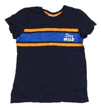 Tmavomodro-oranžové tričko s pruhy a nápisem Kids