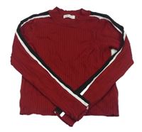 Vínovo-bílo-černý žebrovaný crop svetr s pruhy H&M