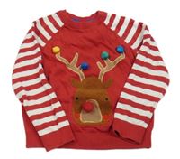 Červeno-bílý svetr se sobem a pruhovanými rukávy zn. Mothercare