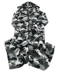 Černo-šedo-bílá army plyšová kombinéza s kapucí
