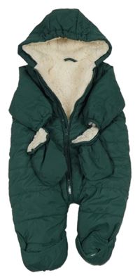 Tmavozelená šusťáková zimní kombinéza s kapucí + rukavice ZEEMAN