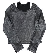 Černo-stříbrné třpytivé žebrované crop triko s holými rameny George