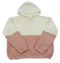 Růžovo-bílý žinylkový svetr s kapucí 