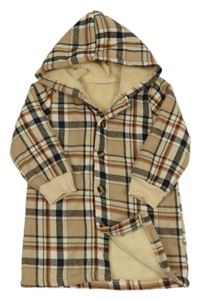 Béžovo-černo-oranžový kostkovaný zateplený kabát s kapucí 