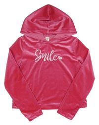 Fuchsiová sametová crop mikina s nápisem a kapucí Shein