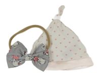 2set - Bílo-růžová čepice se srdíčky + čelenka s mašlí se slony 