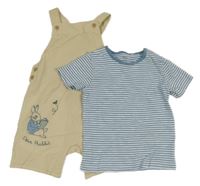 2set - Světlemodro-bílé pruhované tričko + béžové plátěné laclové kraťasy s králíčkem M&S