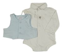 Nové - Bílé body s límečkem + světlemodrá vesta 