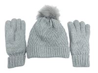 2set - Dámská šedá vzorovaná čepice s bambulí + rukavice George 