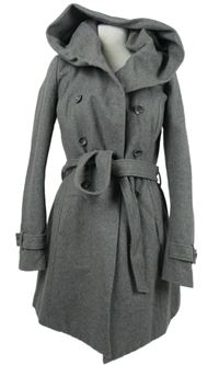 Dámský šedý vlněný kabát s páskem a kapucí Only 