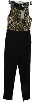 Nové - Dámský černo-zlatý vzorovaný kalhotový overal s flitrovým živůtkem 