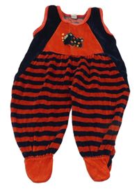 Červeno-tmavomodré pruhované sametové dupačky s rybou