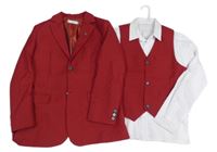 Nové  - 3set - Rubínové sako + košile + vesta 