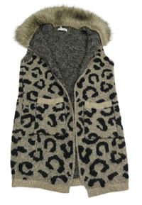 Hnědo-černý vzorovaný pletený cardigan s kožešinou Primark