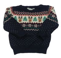 Tmavomodro-béžový svetr se vzorem a soby Primark