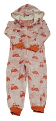 Červeno-bílá plyšová kombinéza s traktory a kapucí George