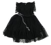 Černé tylové puntíkaté šaty s řetízkem 