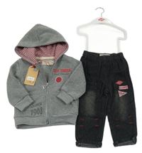 Nové - 2set- šedá propínací mikina s logem a kapucí+ černé rifle s potiskem Lee Cooper