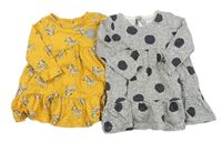2x - Žluté + bílo-šedé puntíkaté bavlněné šaty F&F
