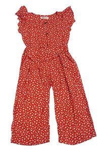 Červený culottes overal s kytičkami a páskem H&M