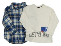 2set - Modro-bílo-žlutá kostkovaná flanelová košile + bílé triko s autem Mothercare