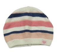 Bílo-modro-růžová pruhovaná pletená čepice 