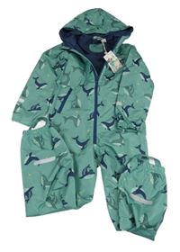 Nové - Mátová šusťáková podšitá kombinéza s velrybami a kapucí Lily&Dan 