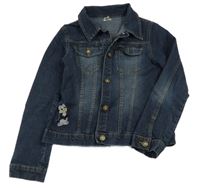 Tmavomodrá crop riflová bunda s kytičkami 