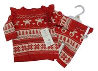 Nové - 2set - Červený svetr se vzorem + pletené kalhoty F&F