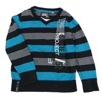 Tyrkysovo-černý pruhovaný svetr s nápisy C&A