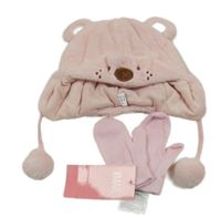 Nové - 2set - Světlerůžová chlupatá čepice s medvídkem + rukavice 